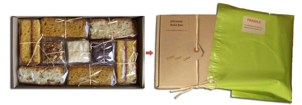 Open selection box (midpoint in ascending price order) with slices individually wrapped in cellophane and tied with raffia and the mailing wrapper